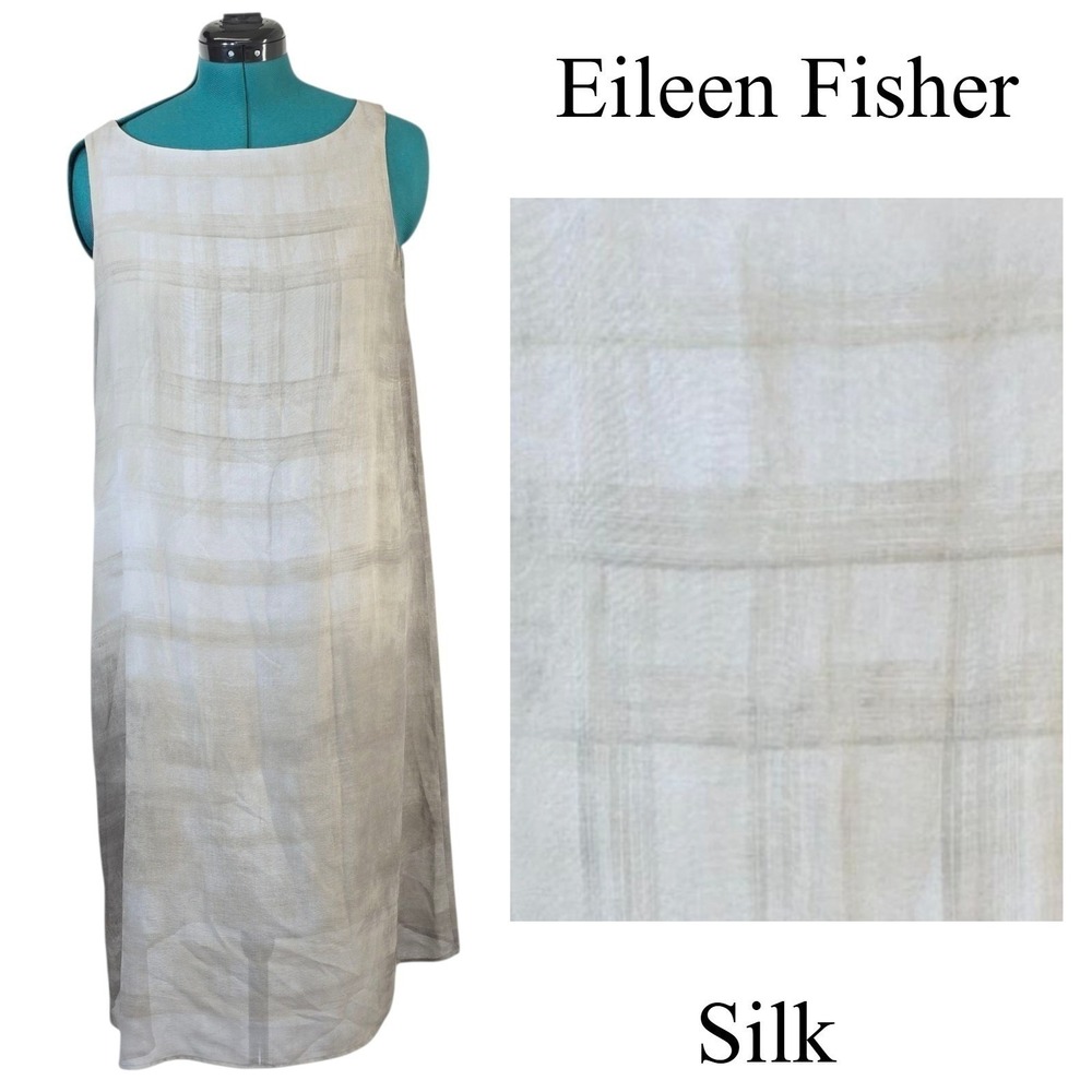 Eileen Fisher 100% Silk Sleeveless Shift Midi Dress Women's Sz Medium Gray Taupe